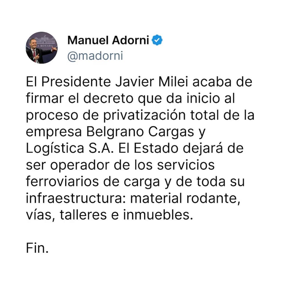 Posteo de Manuel Adorni en la Red Social "X"